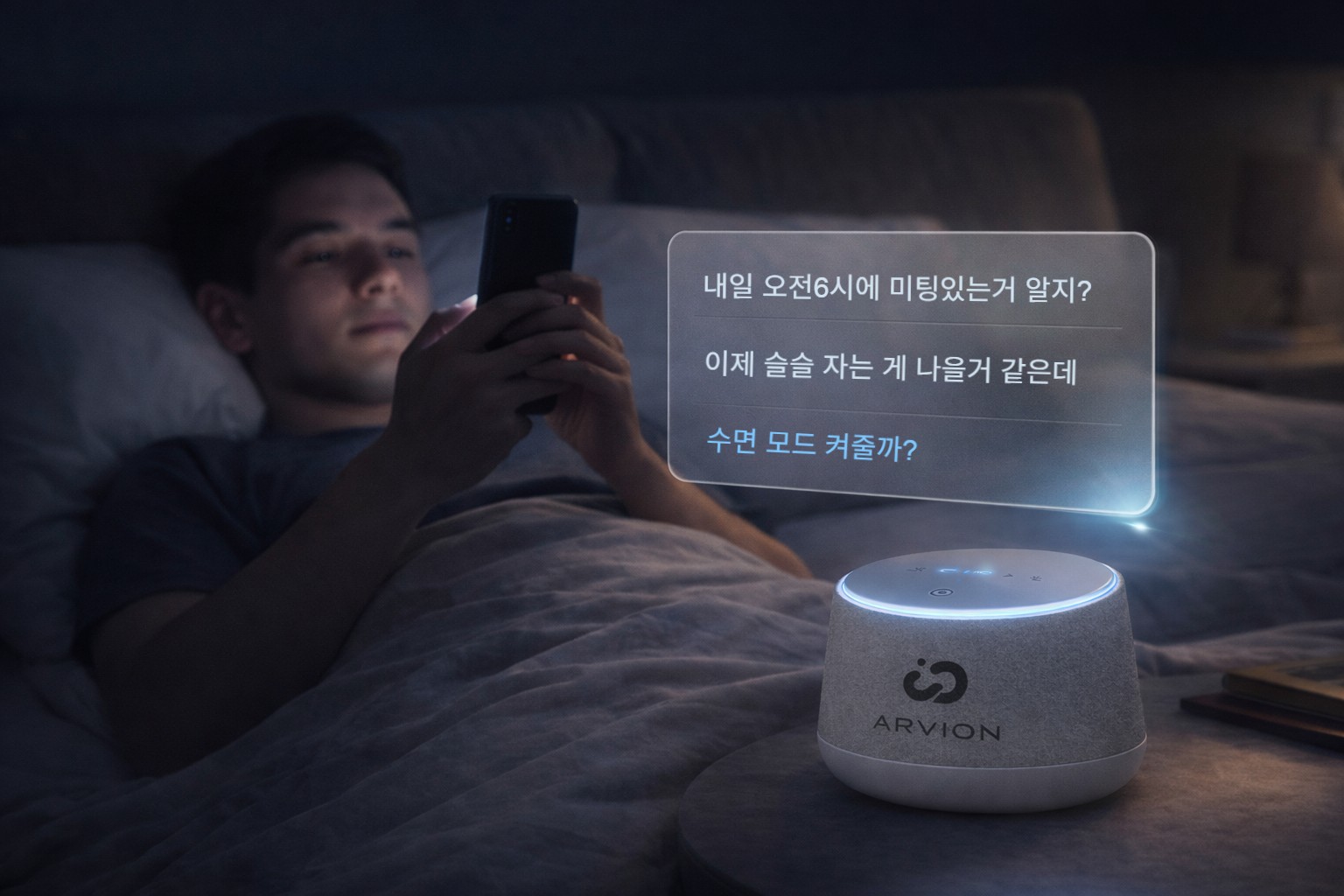 늦은 밤 ARVION이 수면 모드를 제안하는 장면