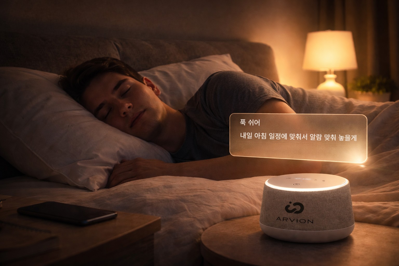 수면등이 켜진 상태에서 사용자가 편안히 잠든 장면