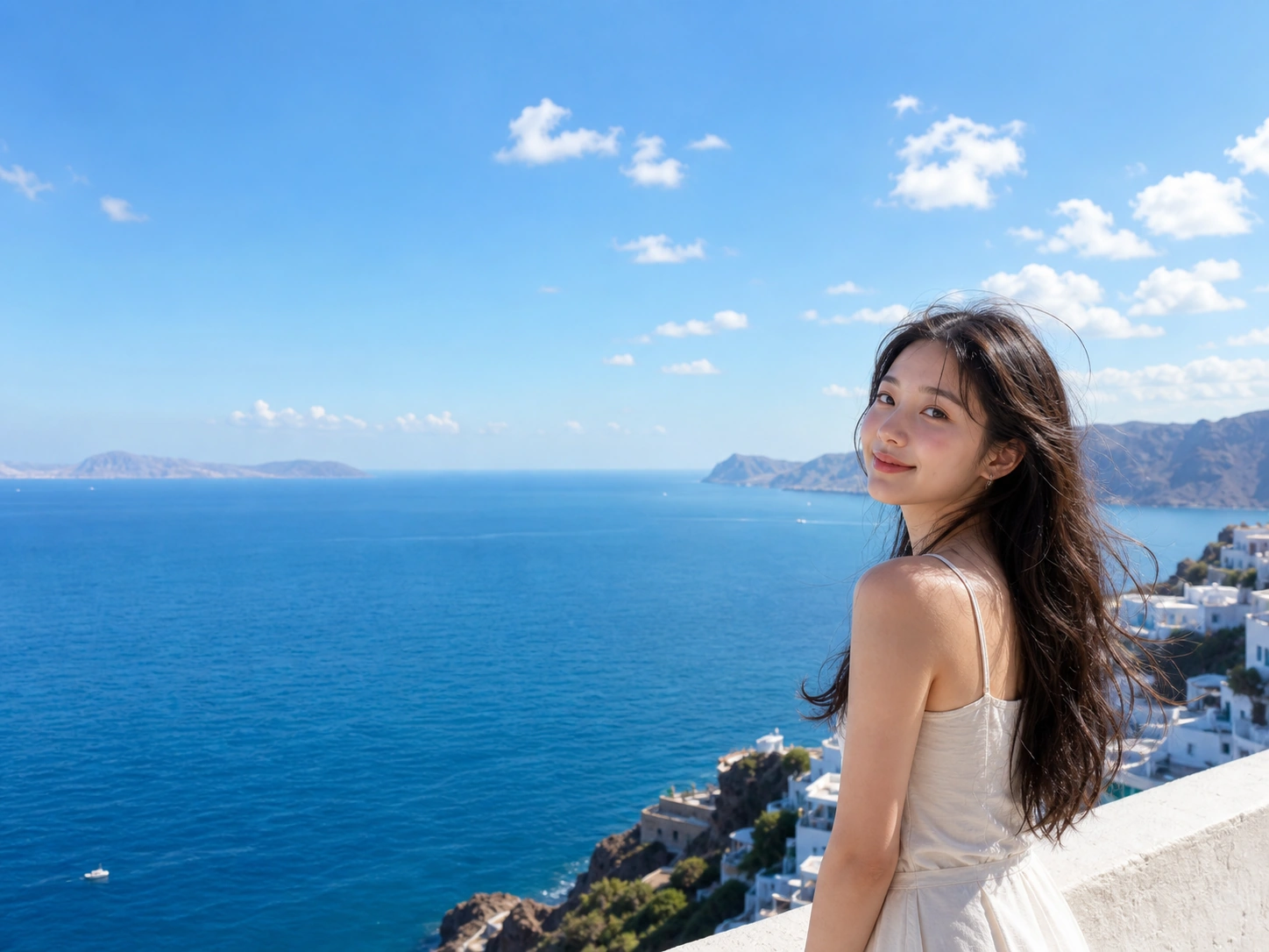 산토리니 바다를 바라보는 여행자